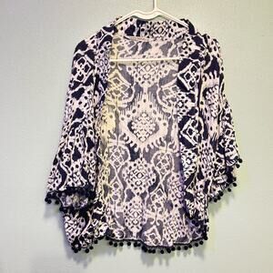 Hippie Laundry Abstract Boho Blue and White Kimono Tassel Size M